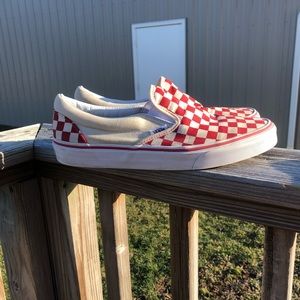 Red and Off White Checkered Slip On Vans